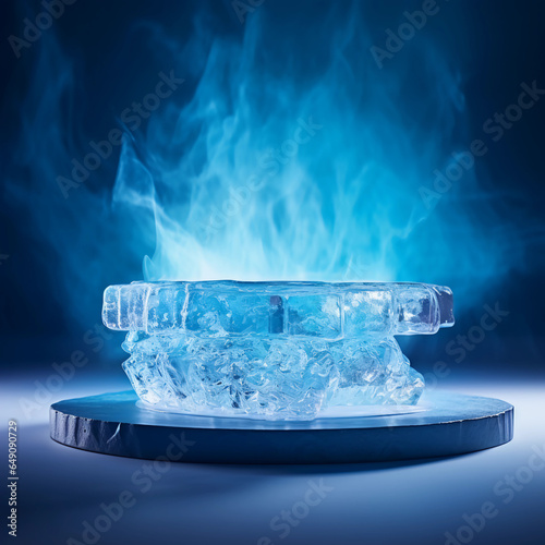 Ice cubes on blue background with cold vapor, 3d glass display stand for products, Ice podium for advertising, Concept of cooling, beverage and technology, studio lighting, Generative AI.