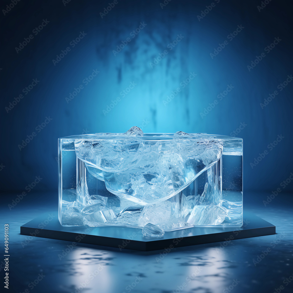 Ice cubes on blue background with cold vapor, 3d glass display stand for products, Ice podium for advertising, Concept of cooling, beverage and technology, studio lighting, Generative AI. Ice cubes on blue background with cold vapor, 3d glass display stand for products, Ice podium for advertising, Concept of cooling, beverage and technology, studio lighting, Generative AI.