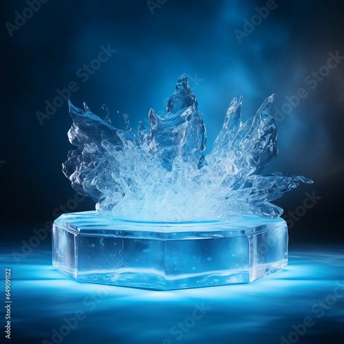 Ice cubes on blue background with cold vapor, 3d glass display stand for products, Ice podium for advertising, Concept of cooling, beverage and technology, studio lighting, Generative AI.