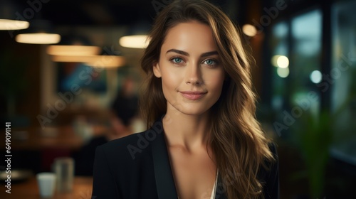 Close up portrait of smiling beautiful millennial businesswoman or CEO looking at camera, happy female boss posing making, confident successful woman at work.