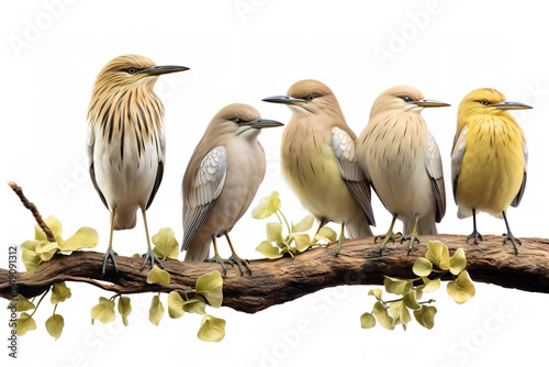 Image of group of chinese pond heron on a branch on a white background. Birds. Animals. Illustration, Generative AI. photo