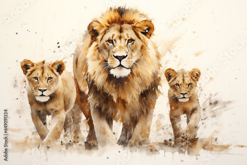 Watercolor painting of lion family on white background. Wildlife Animals. Illustration, Generative AI.