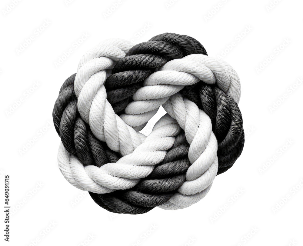 Knot tied from black and white rope isolated on transparent background