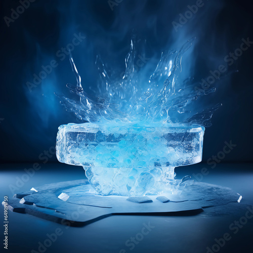 Ice cubes on blue background, 3d glass display stand for products, Ice podium for advertising, Concept of cooling, beverage and technology, studio lighting, Generative AI.