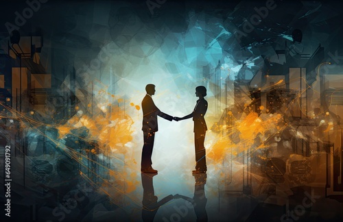 Digital agreement with handshake between two people and their business background.