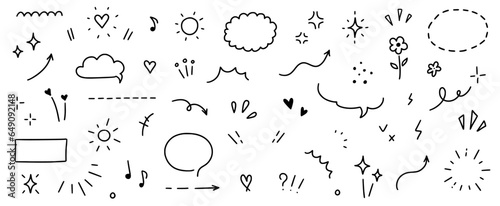 Sketch line cute element, star, heart shape. Hand drawn doodle sketch style heart, sun, star element set. Arrow, star glitter, heart text decoration symbol. Vector illustration