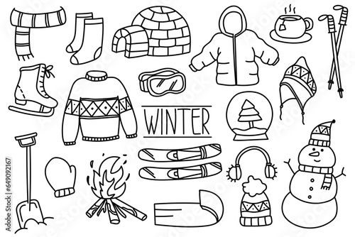 set of hand drawn winter doodle illustration