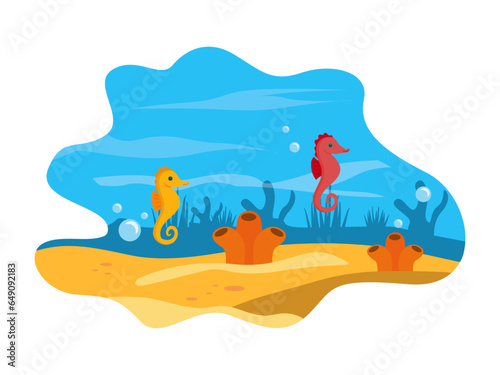 Underwater vector illustration. Underwater scenery with seahorse, coral and seaweed. Underwater world.