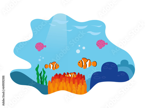 Underwater vector illustration. Underwater scenery with various kinds of fish, coral and seaweed. Underwater world.