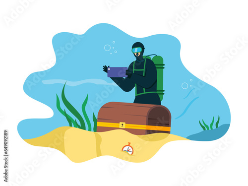 Underwater vector illustration. Underwater world. Divers find treasures under the sea.