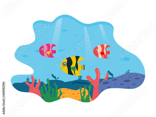 Underwater vector illustration. Underwater scenery with various kinds of fish, coral and seaweed. Underwater world.