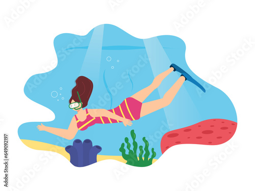 Underwater vector illustration. Underwater world. A woman diving under the sea.