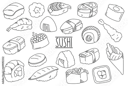 set of hand drawn sushi Japanese food doodle illustration vector elements