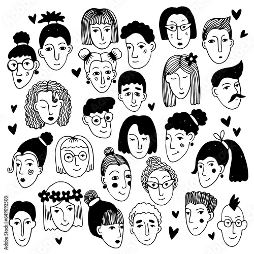 Boys and girls doodle faces, black and white ink sketch. Set of illustrations of different human faces. Cute cartoon faces of women and men. photo