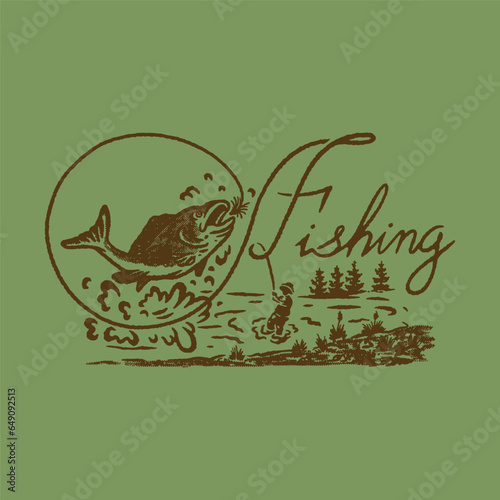 fishing illustration outdoor graphic fish design forest vintage badge river t shirt activity silhouette sketch 