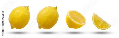 Flying lemon with lemon has water drop and slices collection isolated on white background.