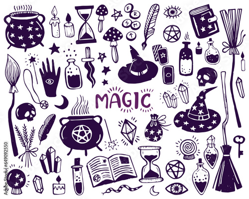 Magic hand drawn doodle set. Doodle set of magic itens. Collection halloween elements. Magic cauldron, pot, hat, broom, potions, fortune-telling cards, runes, books, magic wand, hourglass.