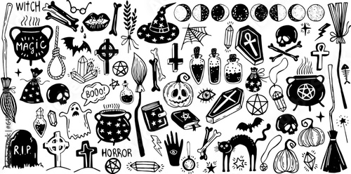 Happy halloween. Big set of horror hand drawn doodle. Collection halloween and magic elements. Pumpkins, ghost, skull, cemetery, black cat, magic cauldron, pot, hat, dream catchers, moon phases, broom