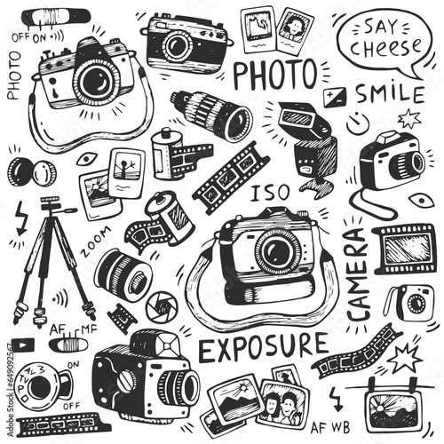 Photography equipment set. Hand drawn vector illustration. Photo camera, film, photography.