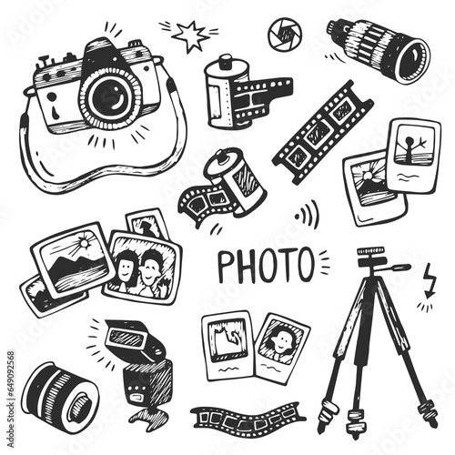 Photography equipment set. Hand drawn vector illustration. Photo camera, film, photography.