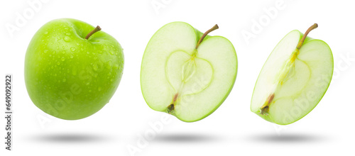 Flying green apple has water drop and slices collection isolated on white background.