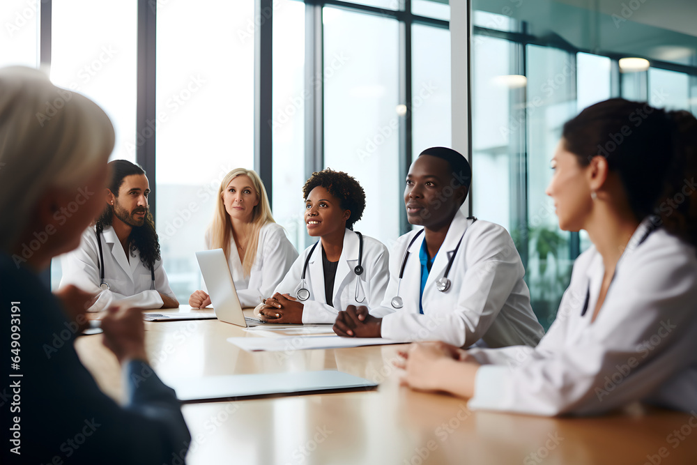 Diverse group of doctor having a meeting in conference room. Teamwork, innovation and doctors collaboration in meeting in conference room