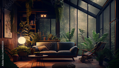 Eco-lodge house interior with green plants and relaxing natural beauty concept and refresh ness view and enjoying the forest- travel in the night, Ai generated image photo