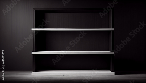 Empty black wooden shelf with white and minimalist background, Ai generated image