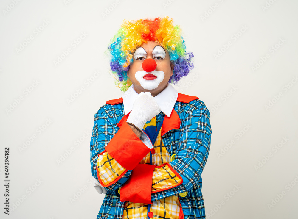Mr Clown. Portrait of Funny face Clown man in colorful uniform standing and thinking. Happy expression male bozo in various pose on isolated background. Mr Clown. Portrait of Funny face Clown man in colorful uniform standing and thinking. Happy expression male bozo in various pose on isolated background.