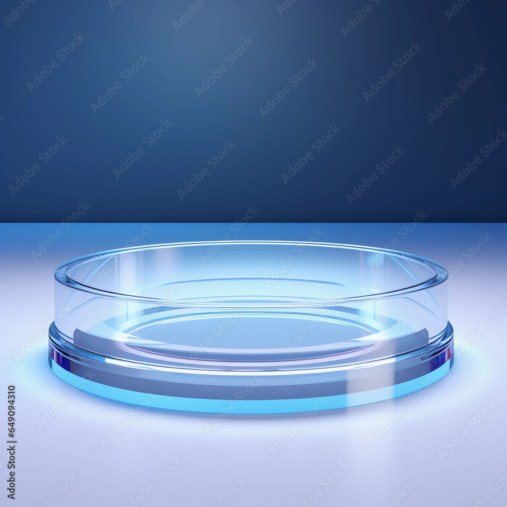 3d glass display stand for products, Ice podium for advertising with blue background, Concept of cooling, beverage and technology, studio lighting, Generative AI. 3d glass display stand for products, Ice podium for advertising with blue background, Concept of cooling, beverage and technology, studio lighting, Generative AI.