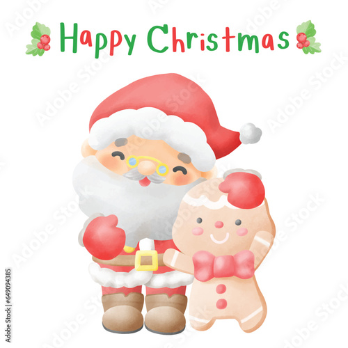 Adorable Christmas card Santa Claus and Gingerbread Watercolor