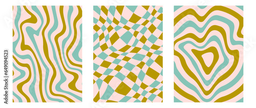 Groovy psychedelic pattern posters set. Wavy lines, checkerboard and rings backgrounds. Colorful retro liquid design collection. Vintage distorted wallpapers. Vector funky green blue backdrop pack