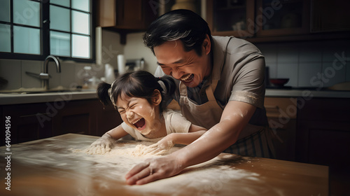 Happy Asian family father and his beautiful daughter baking in the kitchen and having fun.