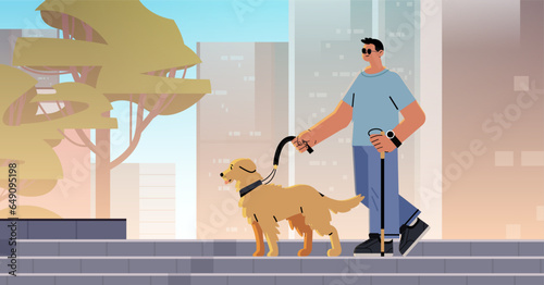 bling man walking with guide dog assistant animal leading male character confident navigation people with disabilities concept
