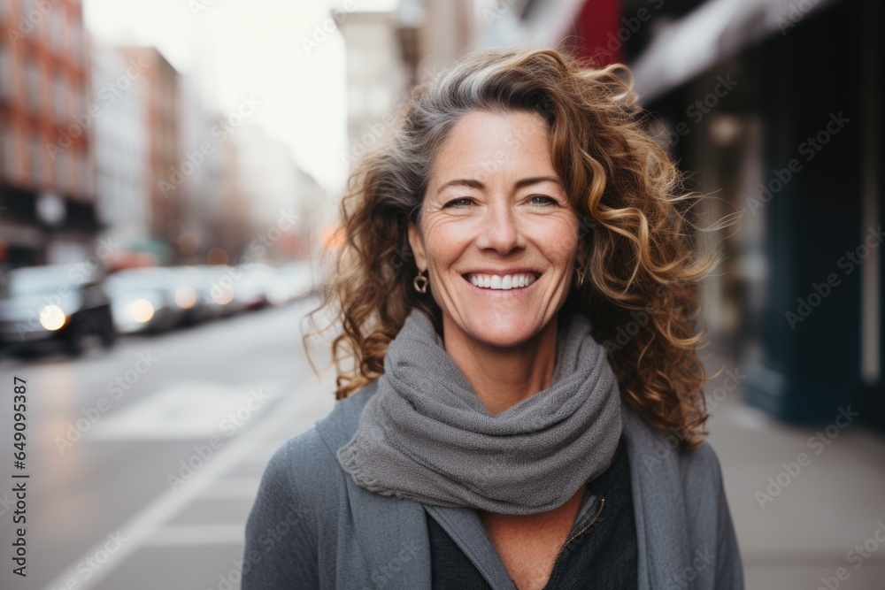 Smiling portrait of a happy middle aged caucasian woman in the city