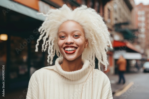 Smiling portrait of a happy young albino woman in the city