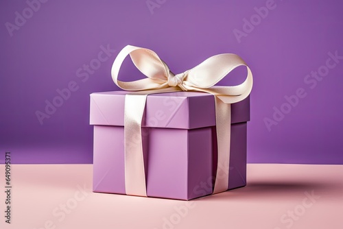 Purple gift box with ribbon bow on table background.