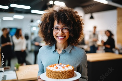 Smiling portrait of a young woman holding a birthday cake and celebrating a birthday with her coworkers and friends in a business office