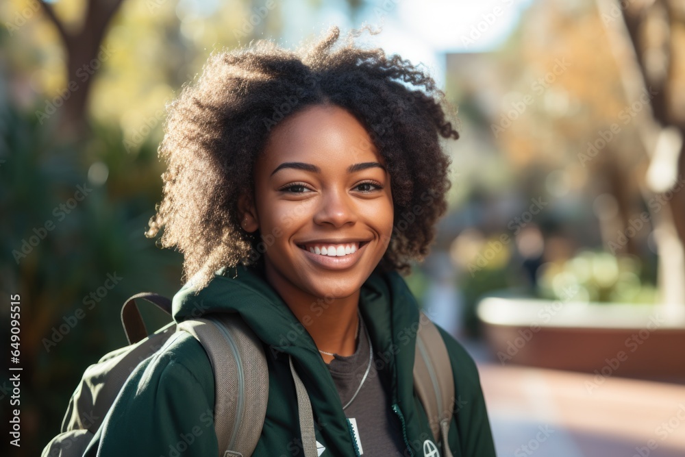 Smiling portrait of a happy female african american student on a college campus - obrazy, fototapety, plakaty 