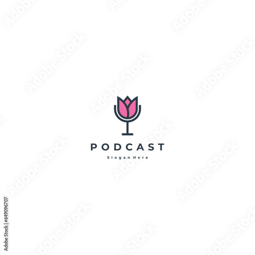 girl podcast logo concept, mic combine with tulip flower logo design modern