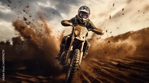 Motocross racer accelerating in dust track. motocross bike in a race representing the concept of speed and power in extreme man sport.