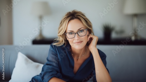 Beautiful Caucasian woman wearing glasses relaxing at home. Stay at home concept. Generative Ai. photo