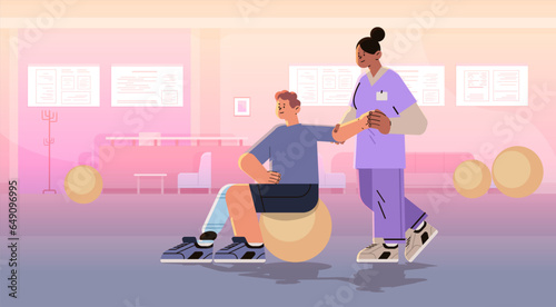 doctor helps patient after injury or medical operation during physio therapy man with replaced robotic leg having physical rehabilitation