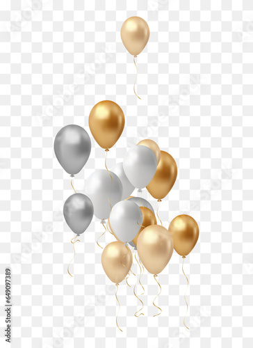 bunch of realistic transparent, golden ballons and gold ribbons, serpentine, confetti. Vector illustration for card, party, design, flyer, poster, decor, banner, web, advertising.