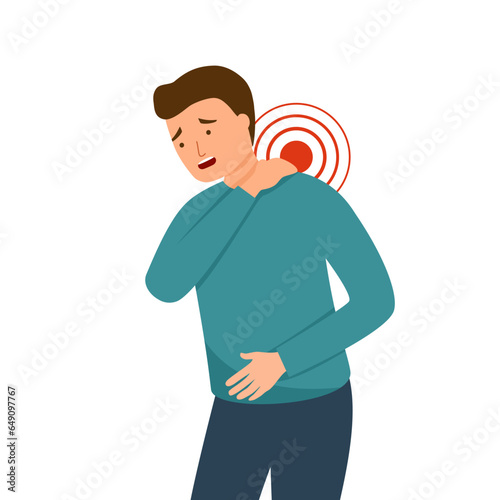 Man has neck and shoulder pain symptom in flat design on white background. Bone or muscle problem. Office syndrome.