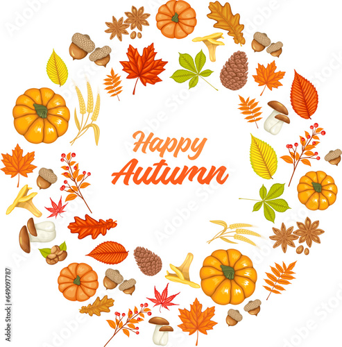 Seasonal fall frame with autumn foliage of maple, oak, elm, chestnut and autumn berries. Vector illustration.