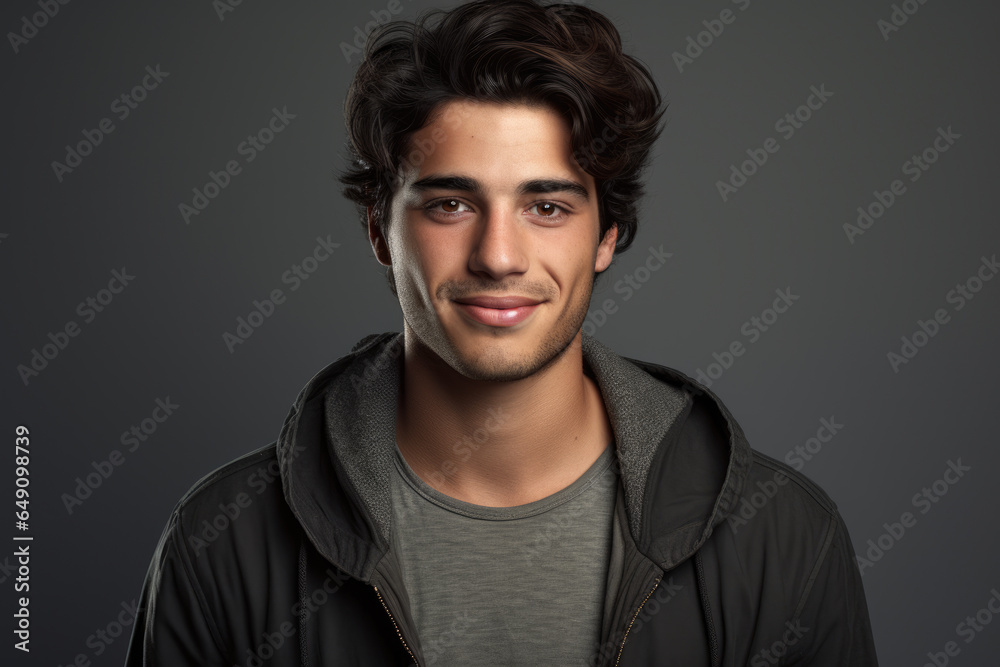 Man wearing black jacket smiles at camera. This picture can be used for various purposes.