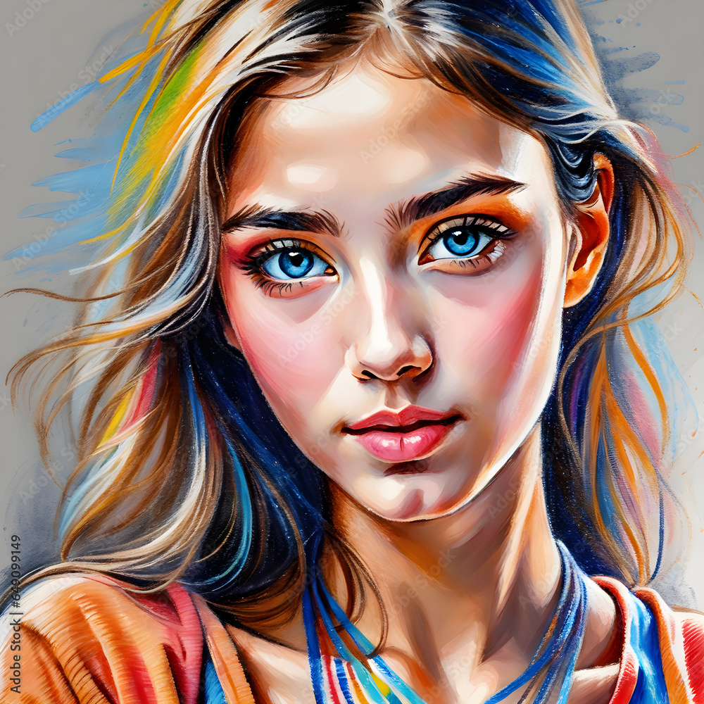 A Beautiful Woman Brought to Life Through Colored Pencils.(Generative AI)