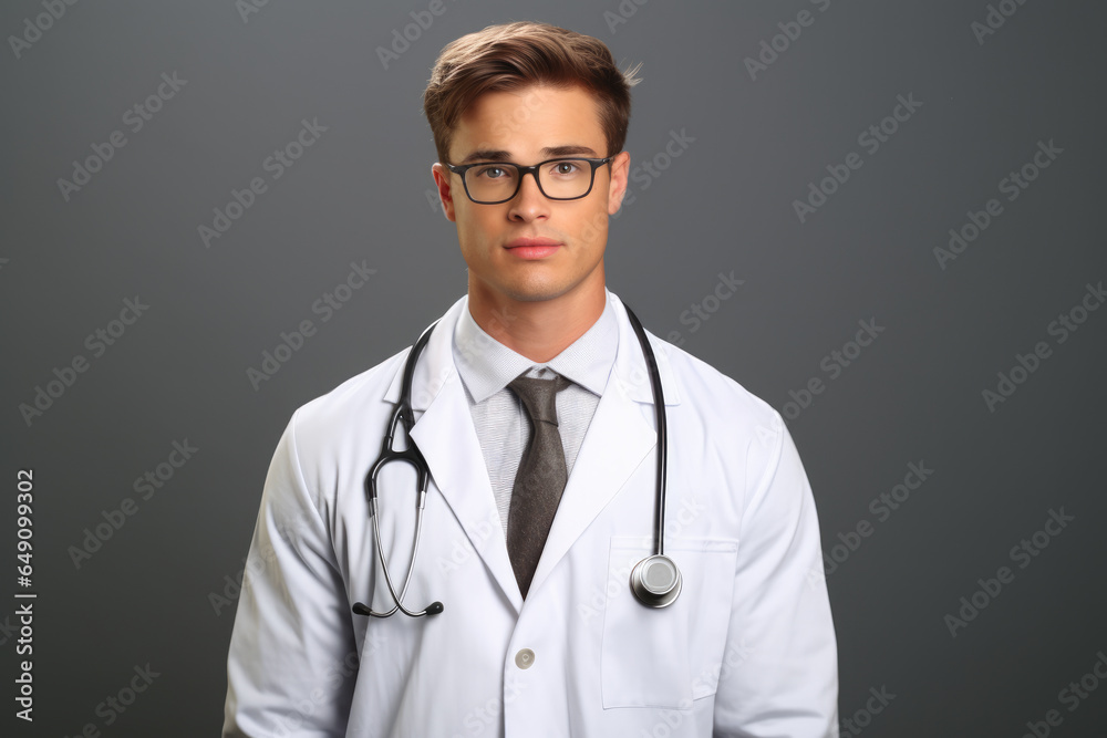 Man wearing white lab coat and tie, ready for work. This image can be used to represent professionalism, science, research, or medical field.