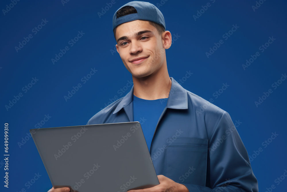 Man wearing blue shirt is seen holding laptop. This image can be used to depict technology, work, or online communication. Man wearing blue shirt is seen holding laptop. This image can be used to depict technology, work, or online communication.